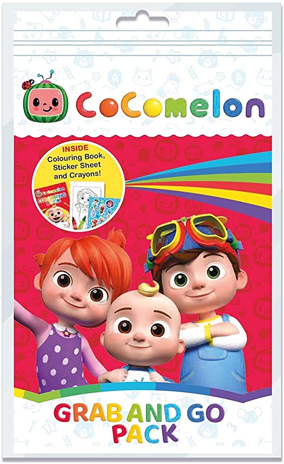 COCOMELON SET PARA COLOREAR CON CRAYONES Y CALCOMANIAS